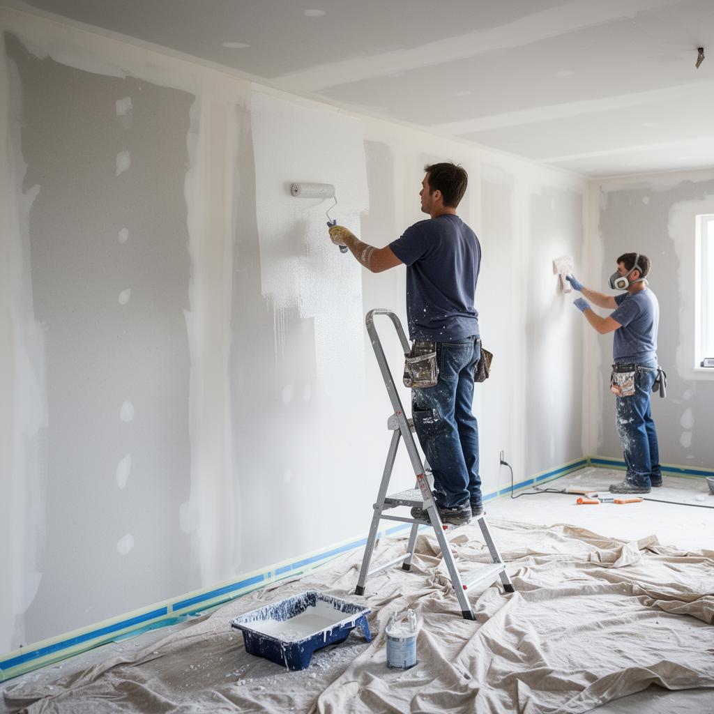 Interior painting and drywall finishing in progress.